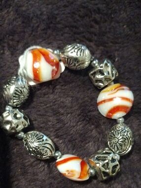 Orange & White Glass Bead Stretch Bracelet - Women Jewelry